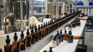 assembly line of a natural cosmetics factory, cosmetics on the conveyor line